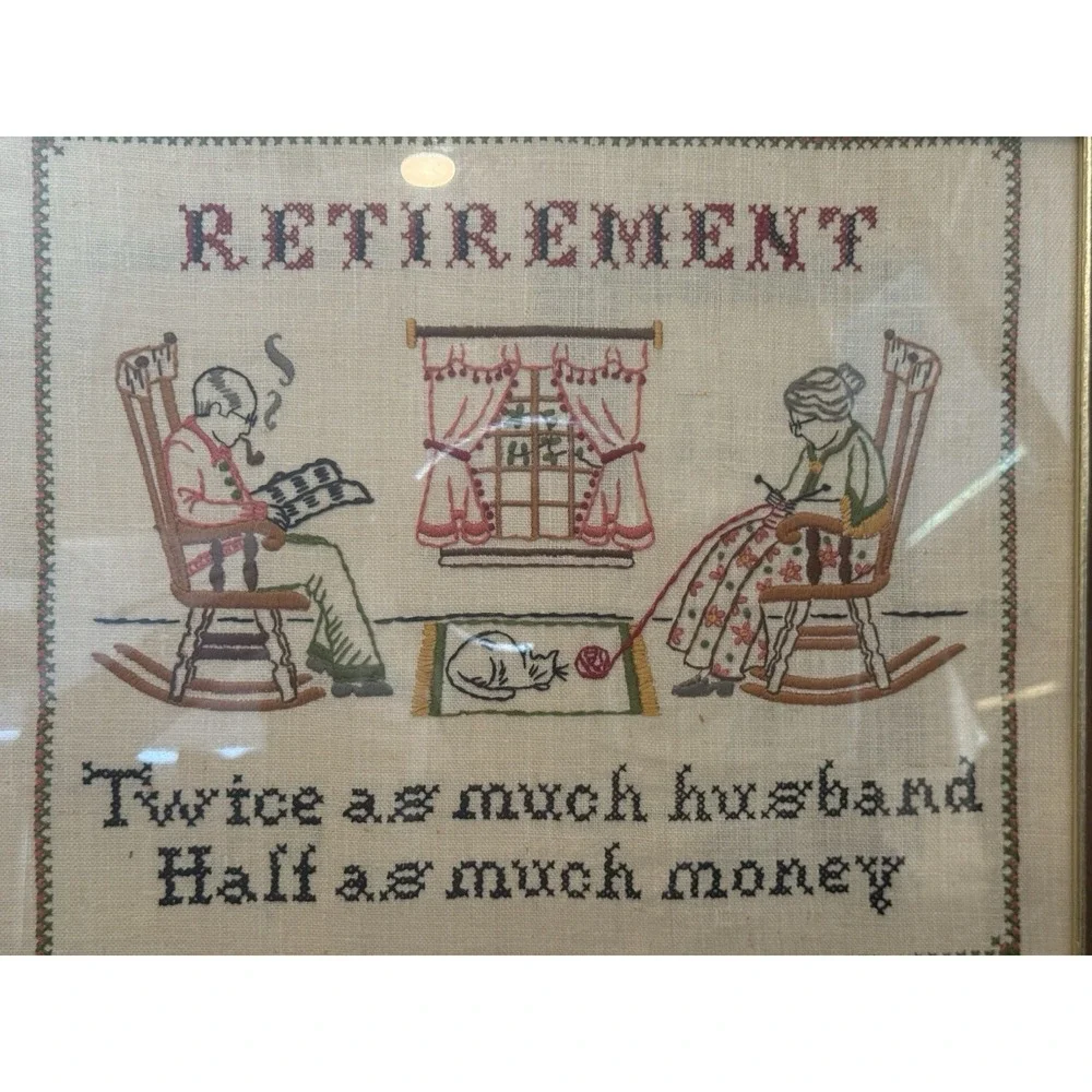 Vintage Retirement Cross Stitch Framed Sampler Twice As Much Husband Kitsch 18
